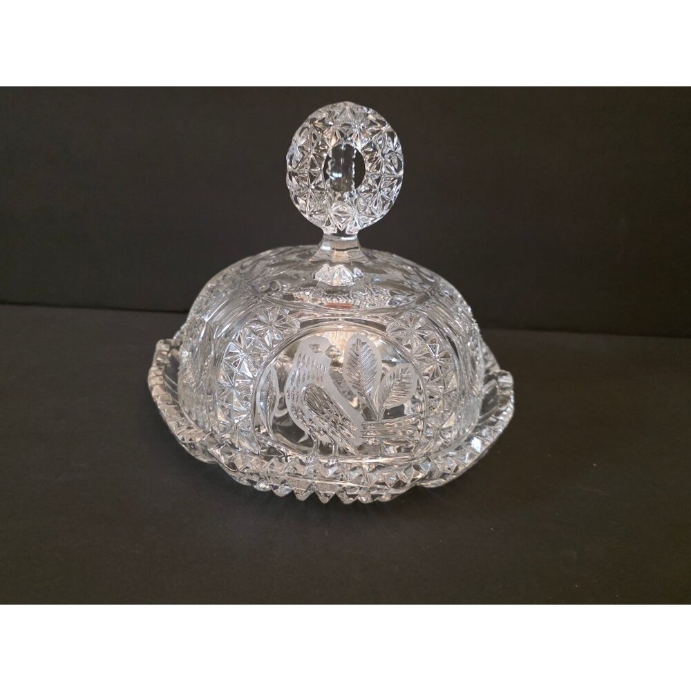 Echt Bleikristall Crystal Butter Dish With Bird Etching & Lid Round Germany 24%